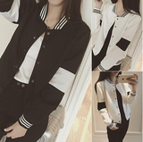 2016春装韩版新款修身显瘦黑白撞色休闲女装短外套百搭长袖棒球服