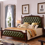 御奢 美式乡村床全实木1.8米双人床简美油蜡真皮复古橡木雕花床