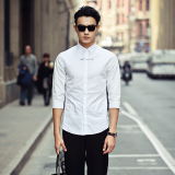 韩版夏季新款刺绣男士中袖衬衣纯棉七分袖男衬衫修身型纯色青年潮