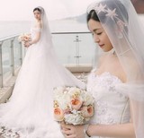 2016新款明星陈妍希同款一字肩大拖尾婚纱新娘结婚大码长拖尾婚纱