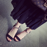 2016新款韩版性感女粗跟夏季金属装饰一字扣带露趾高跟鞋罗马凉鞋