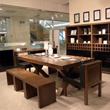 全实木餐桌椅组合 长方形复古原木长条桌咖啡厅长桌 现代简约饭桌
