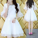 韩国代购夏季高腰短袖清新蓬蓬连衣裙网纱学生森系甜美白色公主裙