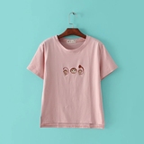 森系部落2016夏装新款森女系卡通猴子刺绣粉色少女宽松短袖T恤