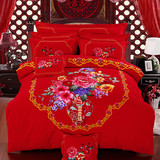 慧爱富安娜磨毛四件套全棉加厚婚庆床上用品纯棉结婚床品大红色
