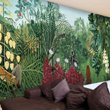 东南亚风格手绘绿色森林芭蕉叶墙纸复古热带雨林客厅餐厅工装壁画