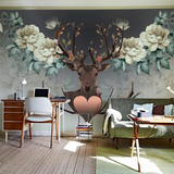 手绘花卉麋鹿墙纸欧式复古沙发电视背景墙壁纸3d个性卧室客厅壁画