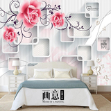 画意3D立体方块玫瑰花卉卧室无缝墙纸壁画壁纸电视沙发客厅背景墙