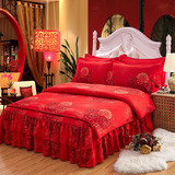 全棉床罩床裙四件套纯棉磨毛结婚庆大红被套1.8/2.0m床上用品双人