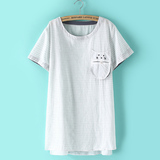 QE11夏韩版清爽减龄横条纹猫咪刺绣棉麻衬衫圆领套头宽松休闲T恤