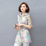 2016夏韩版中长款气质修身五分袖中袖印花系带雪纺衫衬衫女短袖