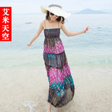 新款 韩版波西米亚海边度假吊带抹胸雪纺连衣裙 收腰显瘦沙滩裙