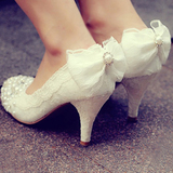 水晶鞋婚鞋水钻白色珍珠花朵蕾丝鞋婚礼新娘鞋高跟防水台大码女鞋