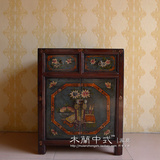 新中式榆木复古床头柜/手描彩绘做旧小鞋柜/全实木古典储物柜定制