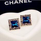 韩国进口高端奢华精致满钻正方形蓝宝石耳钉时尚百搭女式耳环耳饰