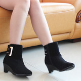 15老北京布鞋 女式冬款时尚坡跟棉鞋黑色防滑跳舞棉靴高跟短靴
