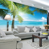 3D立体卧室墙纸大型壁画 现代简约沙发客厅背景墙壁纸壁画海边