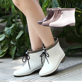 韩版春秋短筒雨靴女式雨鞋时尚低筒系带套鞋保暖水鞋胶鞋花园鞋