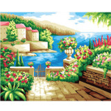 数码彩绘手绘diy大副画数字油画欧式花园海边风景装饰地中海花园