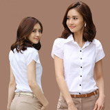 白衬衫女短袖夏装女士韩版修身荷叶袖衬衣大码职业女装工作服工装