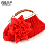 韩版女包2016新款手拿包红色新娘结婚包花朵宴会手挽包丝绸小包包