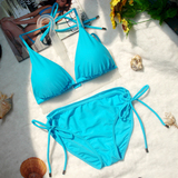 Enki日系沙滩系带比基尼天蓝色纯色带可拆卸胸垫无钢托绑带女泳衣