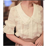 2014短袖雪纺衫女夏装韩版娃娃领中袖女士 雪纺衫女短袖上衣T恤女