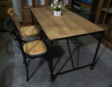 整装美式乡村风格LOFT铁艺复古原木餐桌带轮做旧茶桌客实木会