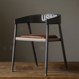 美式乡村单人餐桌椅做旧仿复古铁艺休息靠椅实木办公椅带扶手坐垫