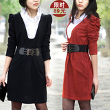 专柜2015秋装新款韩版女花边领大码长袖针织假两件连衣裙 无腰带