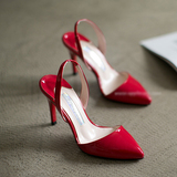 香港专柜代购正品16新款尖头性感新娘红色高跟鞋细跟包头女凉鞋