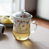 仟艺红 耐热玻璃杯陶瓷内胆水杯透明过滤杯子茶具创意花茶杯带盖