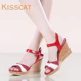 【秒】KISSCAT接吻猫 女凉鞋 甜美编织撞色女鞋 坡跟厚底高跟鞋
