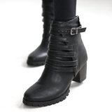 韩国代购女鞋2014秋季新品欧美罗马皮带扣粗高跟骑士靴 短靴女靴