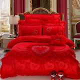 专柜正品婚庆四件套大红蕾丝全棉床上用品结婚房六八十红粉包邮