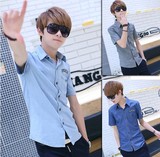 夏季短袖牛仔衬衫男2016韩版修身打底衫衬衣青少年薄款半袖上衣潮