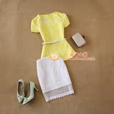 2件包邮女装16夏季新款韩国优雅腰带半袖花边黄色上衣白短裙套装
