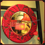 结婚喜庆中式古典红色雕花镜子 美容会所卫生间圆形穿衣化妆镜子