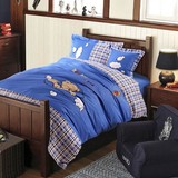 儿童纯棉方格四件套 蓝色小熊单双人被套床单一米二宿舍床上用品
