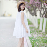 乐往原创设计师女装新品白色纯棉文艺清新显瘦短裙连