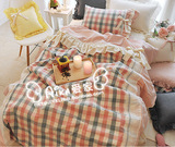 Aika爱家韩国进口代购床上用品粉色格子公主范高档被套纯棉四件套