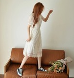 韩版收腰白色裙子夏蕾丝连衣裙少女长裙学生有袖显瘦中长款沙滩裙