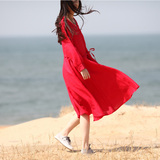 L.wang乐往原创设计女装新红色长袖宽松文艺简约连衣裙长裙沙滩裙
