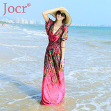 JOCR新款波西米亚长裙V领显瘦沙滩裙海边渡假夏季短袖大码连衣裙