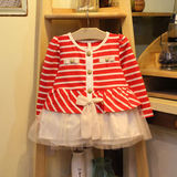 2014idea春装韩版女童红白条纹纱纱摆海军风小外套 小开衫