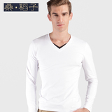 2015春季韩版修身男士长袖t恤衫男装V领莱卡棉t恤青年潮流打底衫