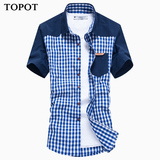 TOPOT2016夏装新款男士休闲拼接短袖格子衬衫 韩版修身半袖衬衣男