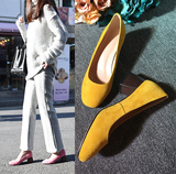 MOON韩国代购 经典百搭@柠檬黄羊皮粗跟圆头单鞋浅口鞋中跟女鞋