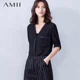 预售）Amii[极简主义]2016夏季深V领衬衫长袖休闲大码雪纺衫上衣