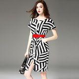 外贸原单剪标品牌女装夏季新款欧美高端大牌黑白条纹OL优雅连衣裙